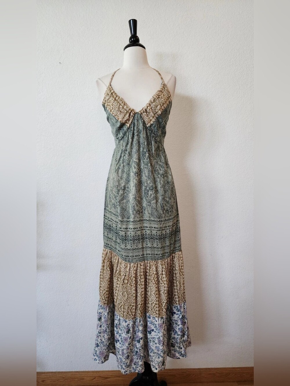 Bohemian Tiered Maxi Dress in Sage and Beige